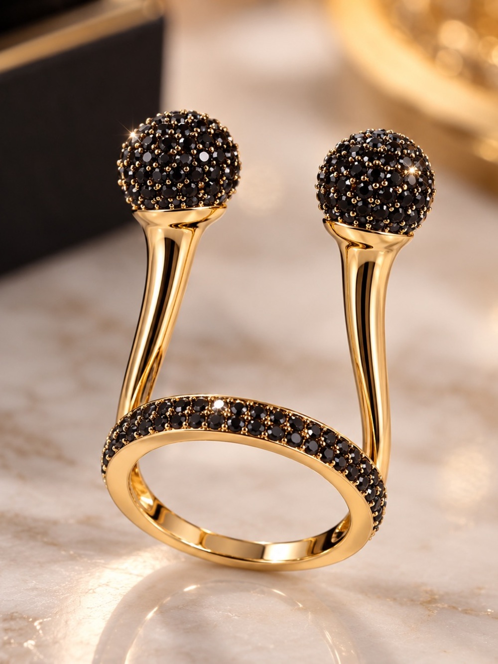 nOir NYC Black Crystal Ball Gold Statement Ring Size 7
